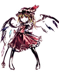 Rule 34 | 1girl, blonde hair, dress, female focus, flandre scarlet, full body, hat, red eyes, ribbon, short hair, solo, suisai (suisao), touhou, white background, wings