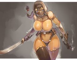 Rule 34 | 1girl, black hair, blue eyes, breasts, character request, dark skin, eyelashes, female focus, gun, highres, holding, holding gun, holding sword, holding weapon, huge breasts, impossible clothes, larribee, mask, mouth mask, navel, running, solo, standing, sword, thick thighs, thigh gap, thighhighs, thighs, weapon, wide hips