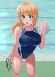 Rule 34 | 1girl, blonde hair, competition swimsuit, highres, mayomaru1, one-piece swimsuit, original, pool, solo, swim cap, swimsuit