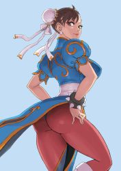 Rule 34 | 1girl, ass, blue background, bracelet, breasts, brown eyes, brown footwear, brown hair, bun cover, capcom, china dress, chinese clothes, chun-li, closed mouth, commentary request, double bun, dress, earrings, fingernails, hair bun, hands on own hips, highres, jewelry, leotard, leotard peek, lips, looking at viewer, looking back, makeup, medium breasts, pantyhose, pelvic curtain, puffy short sleeves, puffy sleeves, shiny clothes, short sleeves, simple background, smile, solo, spiked bracelet, spikes, street fighter, thong, urasato