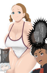 Rule 34 | 1boy, 2girls, black hair, blue eyes, braid, breasts, brown eyes, brown hair, cleavage, covered erect nipples, dark skin, fat, grey hair, gundam, gundam suisei no majo, highres, large breasts, lilique kadoka lipati, looking at viewer, makoto daikichi, miorine rembran, multiple girls, ojelo gabel, one-piece swimsuit, open mouth, plump, simple background, smile, swimsuit, teeth, thick thighs, thighs, translation request, twin braids, twintails, uniform, upper teeth only, white background, white one-piece swimsuit