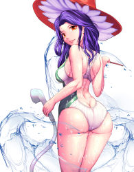 Rule 34 | 1girl, ass, back, bare shoulders, breasts, butt crack, competition swimsuit, from behind, from below, harihisa, hat, liz (mahou girls precure!), long hair, looking at viewer, looking back, mahou girls precure!, one-piece swimsuit, orange eyes, precure, purple hair, shower head, sideboob, smile, solo, swimsuit, wand, water