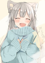 Rule 34 | ^ ^, animal ear fluff, animal ears, blush, closed eyes, commentary request, eyebrows hidden by hair, facing viewer, fang, grey hair, hair between eyes, hands up, happy, highres, holding, holding clothes, long hair, long sleeves, mito (go!go!king!), open mouth, original, plaid, plaid scarf, ribbed sweater, scarf, simple background, sleeves past wrists, smile, sweater, tail, tail raised, thick eyebrows, turtleneck, upper body