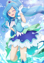 Rule 34 | ascot, beach, blue footwear, blue skirt, blue vest, boots, brooch, cloud, cloudy sky, cure fontaine, day, earrings, forest, gloves, hair ornament, healin&#039; good precure, heart, heart hair ornament, highres, island, jewelry, long hair, looking at viewer, magical girl, mountain, nature, ocean, one eye closed, open mouth, ponytail, precure, puffy sleeves, sawaizumi chiyu, signature, skirt, sky, smile, split ponytail, standing, standing on one leg, sunlight, tiara, tiler (tiler00), very long hair, vest, water drop, white gloves