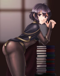 Rule 34 | 1girl, absurdres, arm support, ass, black hair, bodystocking, bodysuit, book, book stack, bracelet, bridal gauntlets, cape, commission, cosplay, dark mage (fire emblem awakening), elbow rest, fire emblem, fire emblem awakening, hazuki (nyorosuke), highres, indoors, jewelry, leaning forward, looking at viewer, morgan (female) (fire emblem), morgan (fire emblem), nintendo, official alternate costume, own hands clasped, own hands together, purple eyes, short hair, skeb commission, smile, solo, tharja (cosplay), tharja (fire emblem), tharja (fire emblem) (cosplay), tiara