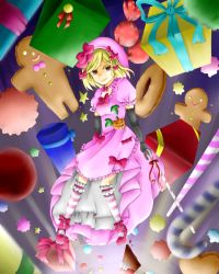 Rule 34 | 1girl, bad id, bad pixiv id, blonde hair, bow, brown eyes, candy, candy cane, doughnut, elbow gloves, food, gift, gingerbread man, gloves, hair bow, hair ornament, hair ribbon, hairclip, hat, holding, holding candy, holding candy cane, holding food, jewelry, lambdadelta, necklace, pink hat, ribbon, solo, star (symbol), striped clothes, striped thighhighs, thighhighs, tia122, umineko no naku koro ni