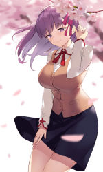 Rule 34 | 1girl, black skirt, blush, breasts, cherry blossoms, closed mouth, collared shirt, dress shirt, fate/stay night, fate (series), hair ribbon, highres, homurahara academy school uniform, large breasts, long hair, long sleeves, looking at viewer, matou sakura, neck ribbon, pink ribbon, purple eyes, purple hair, ribbon, school uniform, seon (seonon ), shirt, short hair, skirt, smile, solo, thighs, vest, white background, white shirt