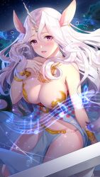 Rule 34 | 1girl, absurdres, alternate hair color, animal ears, artist request, bare shoulders, beads, bracelet, breasts, center opening, cleavage, collarbone, girl cafe gun, hair between eyes, hand up, highres, horns, jewelry, large breasts, long hair, looking at viewer, musical note, navel, nola moon (girl cafe gun), official art, open mouth, pelvic curtain, purple eyes, revealing clothes, single horn, smile, solo, stomach, thighs, white hair