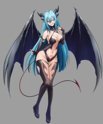 Rule 34 | 1girl, aqua eyes, artist request, black nails, black thighhighs, blue hair, breasts, demon wings, detached sleeves, dragon girl, dragonspit (vtuber), ear piercing, full body, gradient eyes, green eyes, grey background, heels, highres, horns, large breasts, leather, long hair, multicolored eyes, navel, piercing, pointy ears, pubic tattoo, smile, tail, tattoo, thighhighs, virtual youtuber, wings