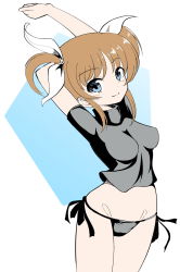 Rule 34 | 1girl, arms behind head, black panties, black shirt, blue eyes, breasts, closed mouth, commentary, cowboy shot, hair ribbon, highres, leaning back, looking at viewer, lyrical nanoha, mahou shoujo lyrical nanoha, medium breasts, midriff, no pants, panties, rebirth42000, reversed, ribbon, shirt, short hair, short sleeves, short twintails, side-tie panties, smile, solo, standing, stretching, string panties, takamachi nanoha, turtleneck, twintails, underwear, white ribbon