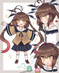 Rule 34 | !, 1girl, aged down, ahoge, black skirt, brown footwear, brown hair, brown shirt, cla (finesoda), food, girls&#039; frontline, heart, ice cream, loafers, long hair, long sleeves, looking at viewer, m14 (girls&#039; frontline), multicolored hair, multiple views, open mouth, pleated skirt, shirt, shoes, skirt, triangle mouth, twintails, two-tone background, v-shaped eyebrows, white background, white legwear, wide sleeves, yellow eyes