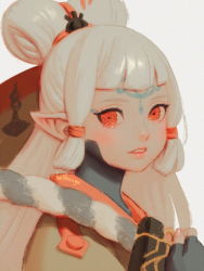Rule 34 | 1girl, bellhenge, blonde hair, eye symbol, facial mark, forehead mark, gloves, hyrule warriors, hyrule warriors: age of calamity, impa, long hair, looking at viewer, nintendo, pointy ears, red eyes, sheikah, solo, the legend of zelda, the legend of zelda: breath of the wild, white hair, aged down