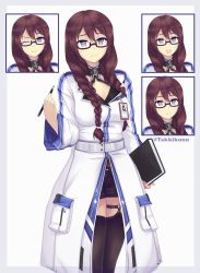 Rule 34 | 1girl, :d, absurdres, alternate eye color, alternate hair color, alternate hairstyle, azur lane, black thighhighs, book, braid, brown-framed eyewear, brown eyes, brown hair, coat, cowboy shot, expressions, fang, glasses, highres, id card, long hair, looking at viewer, marblehead (azur lane), multiple views, one eye closed, open mouth, pencil, smile, spanish commentary, takkikun, thigh strap, thighhighs, twin braids, twitter username, white coat
