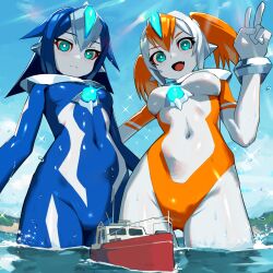 Rule 34 | 2girls, :d, blue eyes, blue hair, bodysuit, breasts, colored skin, fang, frown, giant, giantess, looking at viewer, medium breasts, multicolored hair, multiple girls, navel, nikunopengin, ocean, open mouth, orange hair, original, partially submerged, ship, short twintails, skin tight, small breasts, smile, tsuburaya productions, twintails, two-tone hair, ultra series, v, watercraft, wet, white hair, white skin, x girl flair (nikunopengin), x girl selena (nikunopengin)