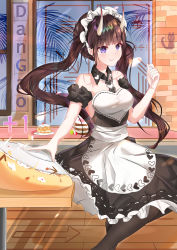 Rule 34 | 1girl, absurdres, apron, artist request, azur lane, bare shoulders, cake, cake slice, commentary request, eyebrows hidden by hair, food, gameplay mechanics, highres, horns, maid, maid apron, maid headdress, manjuu (azur lane), noshiro (azur lane), noshiro (hold the ice) (azur lane), official alternate costume, official alternate hairstyle, oni horns, plate, purple eyes, smile, twintails, white apron