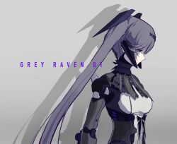 Rule 34 | 1girl, black bodysuit, black choker, bodysuit, character request, check character, choker, copyright name, frilled choker, frills, grey eyes, grey hair, hair ornament, headgear, joints, long hair, lucia (punishing: gray raven), mechanical arms, mechanical parts, orca (dragooon-yike), punishing: gray raven, robot joints, solo, twintails, two-tone bodysuit, white bodysuit, x hair ornament
