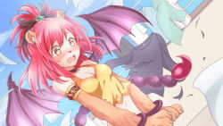 Rule 34 | 1girl, animal ear fluff, animal ears, animal hands, armlet, artist request, bare shoulders, blush, bracelet, breasts, claws, cleavage, covering crotch, covering privates, fang, hair between eyes, jewelry, laundry, medium breasts, medium hair, memeko (monster musume), midriff, monster musume no iru nichijou, monster musume no iru nichijou online, navel, official art, open mouth, outdoors, red hair, slit pupils, solo, tank top, torn clothes, wardrobe malfunction, yellow eyes, yellow tank top