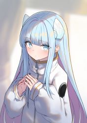 Rule 34 | 1girl, blue eyes, blue hair, blunt bangs, blurry, blurry background, blush, closed mouth, commentary request, depth of field, drawstring, gen (gen 7254), hair intakes, hair ornament, highres, jacket, long hair, long sleeves, looking at viewer, multicolored hair, puffy long sleeves, puffy sleeves, purple hair, sleeves past wrists, solo, somunia, somunia room, steepled fingers, two-tone hair, upper body, very long hair, virtual youtuber, white jacket, zipper pull tab