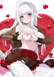 Rule 34 | 1girl, :3, absurdres, ahoge, au ra, blue eyes, blush, breasts, brown jacket, brown skirt, closed mouth, commentary request, cropped jacket, dragon girl, dragon horns, dragon tail, facial tattoo, final fantasy, final fantasy xiv, frilled skirt, frills, heart, heart-shaped boob challenge, heart tattoo, heterochromia, highres, horns, jacket, large breasts, long hair, open clothes, open jacket, red eyes, scales, shhilee, signature, skirt, solo, tail, tattoo, thighhighs, warrior of light (ff14), white hair, white thighhighs