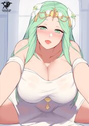 Rule 34 | 1girl, bare shoulders, blush, breasts, cleavage, dress, fire emblem, fire emblem: three houses, flexible, flower, green eyes, green hair, hair flower, hair ornament, highres, huge breasts, kaos art, long hair, looking at viewer, nintendo, open mouth, outstretched arm, pov, reaching, reaching towards viewer, rhea (fire emblem), smile, solo, split, spread legs