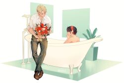 Rule 34 | 1boy, 1girl, bathing, bathroom, bathtub, black hair, blonde hair, blush, bouquet, brown footwear, closed eyes, collared shirt, commentary, couple, english commentary, flower, full body, green pants, hairband, highres, holding, holding bouquet, husband and wife, long hair, maiii (smaii i), nude, pants, plant, potted plant, red hairband, shirt, shoes, sitting, spy x family, twilight (spy x family), white shirt, yor briar