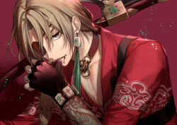 Rule 34 | 1boy, arm tattoo, black gloves, blonde hair, blood, blood from mouth, braid, che (path to nowhere), choker, commentary request, earrings, edamameoishii, eyepatch, fingerless gloves, gloves, highres, holster, jewelry, long hair, looking at viewer, male focus, parted lips, path to nowhere, pink background, red shirt, scythe, shirt, shoulder holster, single braid, solo, tassel, tassel earrings, tattoo, upper body