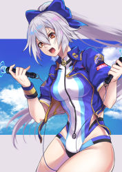 Rule 34 | 1girl, blue bow, blue jacket, blue one-piece swimsuit, bow, breasts, competition swimsuit, dual wielding, energy sword, fate/grand order, fate (series), highleg, highleg swimsuit, holding, jacket, long hair, looking at viewer, medium breasts, one-piece swimsuit, open mouth, ponytail, re (re 09), red eyes, short sleeves, silver hair, solo, swimsuit, sword, tomoe gozen (fate), tomoe gozen (swimsuit saber) (fate), tomoe gozen (swimsuit saber) (first ascension) (fate), two-tone swimsuit, very long hair, weapon, white one-piece swimsuit
