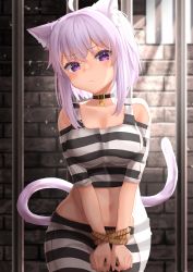 Rule 34 | 1girl, absurdres, alternate costume, animal collar, animal ears, bare shoulders, bars, bound, bound wrists, breasts, cat ears, cat girl, cat tail, collar, crop top, dust, frown, highres, hololive, indoors, light particles, looking at viewer, medium breasts, medium hair, midriff, navel, nekomata okayu, prison, prison clothes, purple eyes, purple hair, solo, standing, starkamisan, sunlight, tail, virtual youtuber, window