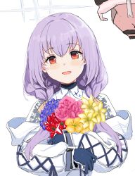 Rule 34 | 1girl, :d, atsuko (blue archive), blue archive, blue gloves, blush, bouquet, clearite, flower, gloves, halo, long hair, looking at viewer, off shoulder, open mouth, purple hair, red eyes, simple background, smile, white background