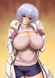 Rule 34 | 1girl, alternate breast size, ayanami rei, blue hair, blush, breasts, cleavage, cleavage cutout, clothing cutout, huge breasts, impossible clothes, impossible sweater, kawaraya a-ta, looking at viewer, meme attire, neon genesis evangelion, open-chest sweater, red eyes, ribbed sweater, short hair, shorts, smile, solo, standing, sweater, thighs, turtleneck