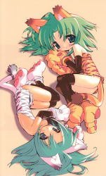 Rule 34 | 2girls, alternate color, animal ears, animal hands, animal print, back, bare back, bare shoulders, blade (galaxist), cat ears, cat tail, cham cham, elbow gloves, gloves, green eyes, green hair, highres, lying, multiple girls, no panties, paw gloves, paw shoes, rotational symmetry, samurai spirits, scan, shoes, tail, tiger print