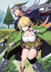 Rule 34 | 1boy, 1girl, bike shorts, blonde hair, breasts, brown footwear, bush, character request, choker, cleavage, coat, collarbone, dagger, day, elf, green coat, green eyes, hair between eyes, hand up, highres, himajin maou no sugata de isekai e, holding, holding dagger, holding knife, holding sword, holding weapon, katsurai yoshiaki, knife, large breasts, leg up, long hair, long sleeves, looking at viewer, novel illustration, official art, open clothes, open coat, outdoors, pointy ears, reverse grip, serious, shoes, shorts, shorts under skirt, skirt, sword, thighs, town, tree, v-shaped eyebrows, weapon