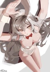 Rule 34 | 1girl, absurdres, animal ears, arms behind head, bare legs, bare shoulders, bow, bowtie, breasts, breasts apart, detached collar, fake animal ears, feet out of frame, from above, grey eyes, grey hair, hair between eyes, highleg, highleg leotard, highres, honkai: star rail, honkai (series), large breasts, legs together, leotard, long hair, looking at viewer, lying, ntdanny, on back, playboy bunny, rabbit ears, red bow, red bowtie, sidelocks, signature, simple background, solo, stelle (honkai: star rail), strapless, strapless leotard, thigh gap, thighs, trailblazer (honkai: star rail), white background, white leotard, white wrist cuffs, wrist cuffs