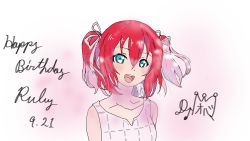 Rule 34 | 1girl, aqua eyes, artist name, artist request, bare shoulders, blush, breasts, checkered clothes, checkered dress, collarbone, dress, earrings, feather earrings, feathers, female focus, floating hair, green eyes, hair between eyes, hair ribbon, highres, jewelry, kurosawa ruby, looking at viewer, love live!, love live! school idol festival, love live! sunshine!!, parted lips, plaid, plaid dress, pleated, pleated dress, red hair, ribbon, short hair, skirt, sleeveless, sleeveless dress, smile, solo, the story of feather (love live!), twintails, two side up, upper body, white background, white dress, white ribbon, white skirt
