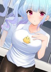 Rule 34 | 1girl, absurdres, alternate costume, alternate hairstyle, artistic error, azur lane, bad reflection, bike shorts, blush, breasts, commentary request, dido (azur lane), highres, large breasts, long hair, looking at viewer, manjuu (azur lane), onabe no shime, purple eyes, reflection, shirt, silver hair, solo, t-shirt, taut clothes, taut shirt