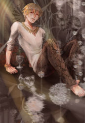Rule 34 | 1boy, barefoot, blonde hair, cup, drinking glass, fate/zero, fate (series), gilgamesh (fate), jewelry, kisen, male focus, necklace, official alternate costume, red eyes, reflection, slit pupils, snakeskin print, solo, type-moon, wine glass