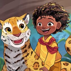 1boy animal antonio_madrigal brown_hair curly_hair dark-skinned_male dark_skin disney happy highres leopard scarf smile takatmaorange very_dark_skin