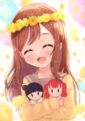 Rule 34 | 1girl, artist name, artist request, blush, bow, bowtie, breasts, brown hair, buttons, cardigan, character doll, closed eyes, collarbone, doll, eyebrows, female focus, flower, flower wreath, grey sailor collar, hair between eyes, head wreath, highres, holding, holding doll, kunikida hanamaru, kurosawa ruby, light brown hair, long hair, long sleeves, looking at viewer, love live!, love live! sunshine!!, nail, nail polish, orange bow, parted lips, pink nails, sailor collar, school uniform, skirt, sleeves past wrists, smile, solo, sweater, tsushima yoshiko, upper body, uranohoshi school uniform, vest, yellow cardigan, yellow flower, yellow sweater