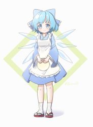 Rule 34 | 1girl, apron, blue bow, blue dress, blue eyes, blue hair, bow, cirno, closed mouth, dress, full body, hair bow, highres, holding, holding tray, ice, ice wings, lbcirno9, long sleeves, looking at viewer, maid, red footwear, sandals, short hair, smile, socks, solo, standing, touhou, tray, wa maid, white apron, white background, white socks, wings
