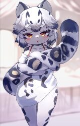 Rule 34 | 1girl, absurdres, animal ears, animal nose, bare shoulders, blurry, blurry background, blush, body fur, collarbone, dress, female focus, furry, furry female, grey fur, grey hair, hand up, highres, holding own tail, leopard ears, leopard girl, leopard tail, lolo (kemonono), looking at viewer, multicolored fur, multicolored hair, off-shoulder dress, off shoulder, open mouth, orange eyes, original, short dress, short hair, short sleeves, sidelocks, solo, spaghetti strap, spotted fur, spotted tail, standing, straight-on, tail, tail raised, thick eyebrows, thighs, two-tone hair, white dress, white fur, white hair