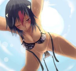 Rule 34 | 1girl, bikini, black hair, blush, breasts, cleavage, cone horns, female focus, hanging breasts, horns, kijin seija, large breasts, lens flare, looking at viewer, multicolored hair, o-ring, o-ring bikini, red eyes, red hair, short hair, solo, sweat, swimsuit, touhou, untied bikini, uribou, wince