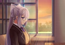 Rule 34 | 1girl, absurdres, bespectacled, black jacket, blazer, bow, brown cardigan, cardigan, cardigan vest, closed mouth, commentary request, doki (oox3o), from side, glasses, grey hair, hair bow, hair ornament, hairclip, highres, higuchi kaede, higuchi kaede (1st costume), indoors, jacket, long hair, mole, mole under eye, necktie, nijisanji, open clothes, open jacket, ponytail, purple eyes, purple necktie, school uniform, smile, solo, sunset, upper body, very long hair, virtual youtuber, white bow, window