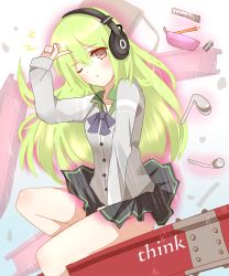 Rule 34 | 1girl, ;o, arm up, bag, bent spoon, between legs, black skirt, blush, bow, breasts, brown eyes, collarbone, collared shirt, commentary request, eraser, green hair, green shirt, grey jacket, hair between eyes, hand between legs, headphones, highres, jacket, lightning bolt symbol, long hair, long sleeves, non (wednesday-classic), one eye closed, original, parted lips, pen, pencil case, pleated skirt, purple bow, ruler, shirt, sitting, skirt, sleeves past wrists, small breasts, solo, spoon, steel beam, very long hair