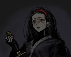 Rule 34 | 1girl, aeng-du (project moon), black background, black coat, black eyes, black hair, black shirt, bruise, bruise on face, coat, crying, furrowed brow, hairband, holding, holding sword, holding weapon, injury, limbus company, long hair, maipll two, messy hair, parted lips, project moon, red hairband, shirt, simple background, solo, sword, turtleneck, turtleneck shirt, very long hair, weapon