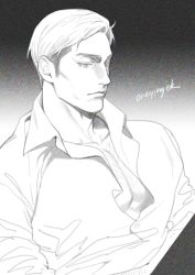 Rule 34 | 1boy, arm hair, chest hair, closed mouth, commentary, erwin smith, greyscale, male focus, monochrome, onegingek, open clothes, open shirt, pectoral cleavage, pectorals, shingeki no kyojin, shirt, signature, simple background, solo, symbol-only commentary, thick eyebrows, upper body