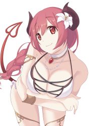 Rule 34 | abcrpq, absurdres, braid, breasts, cleavage, demon tail, flower, flower on head, highres, horns, io (princess connect!), jewelry, large breasts, leaning forward, necklace, one-piece swimsuit, pink hair, princess connect!, red eyes, swimsuit, tail