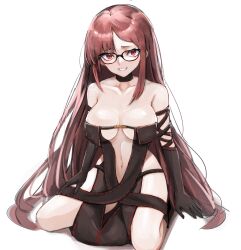 Rule 34 | 1girl, arm strap, bare shoulders, black dress, black gloves, blush, breasts, brown hair, center opening, choker, cleavage, collarbone, dress, earrings, elbow gloves, fate/grand order, fate (series), glasses, gloves, grin, highres, jewelry, large breasts, long hair, navel, red eyes, ribbon-trimmed dress, sitting, smile, solo, umeo (pixiv51103813), very long hair, wariza, yu mei-ren (fate)