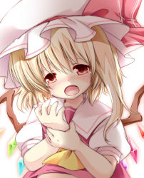 Rule 34 | 1girl, bad id, bad pixiv id, blonde hair, embodiment of scarlet devil, female focus, flandre scarlet, gradient background, hat, highres, irori, ponytail, red eyes, short hair, side ponytail, solo, tears, touhou, white background, wings