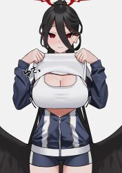 Rule 34 | 1girl, absurdres, black hair, black wings, blue archive, blush, breasts, cleavage, feathered wings, fffukuzawa, hair between eyes, halo, hasumi (blue archive), hasumi (track) (blue archive), highres, jacket, large breasts, lifting own clothes, long hair, long hair between eyes, looking at viewer, mole, mole under eye, official alternate costume, partially unzipped, ponytail, red eyes, shirt, simple background, solo, sports bra, track jacket, very long hair, white background, white shirt, white sports bra, wings