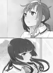 Rule 34 | 10s, 2girls, aoki reika, bad id, bad pixiv id, blush, eye contact, greyscale, hino akane (smile precure!), light smile, long hair, looking at another, monochrome, multiple girls, precure, short hair, smile precure!, yomosaka